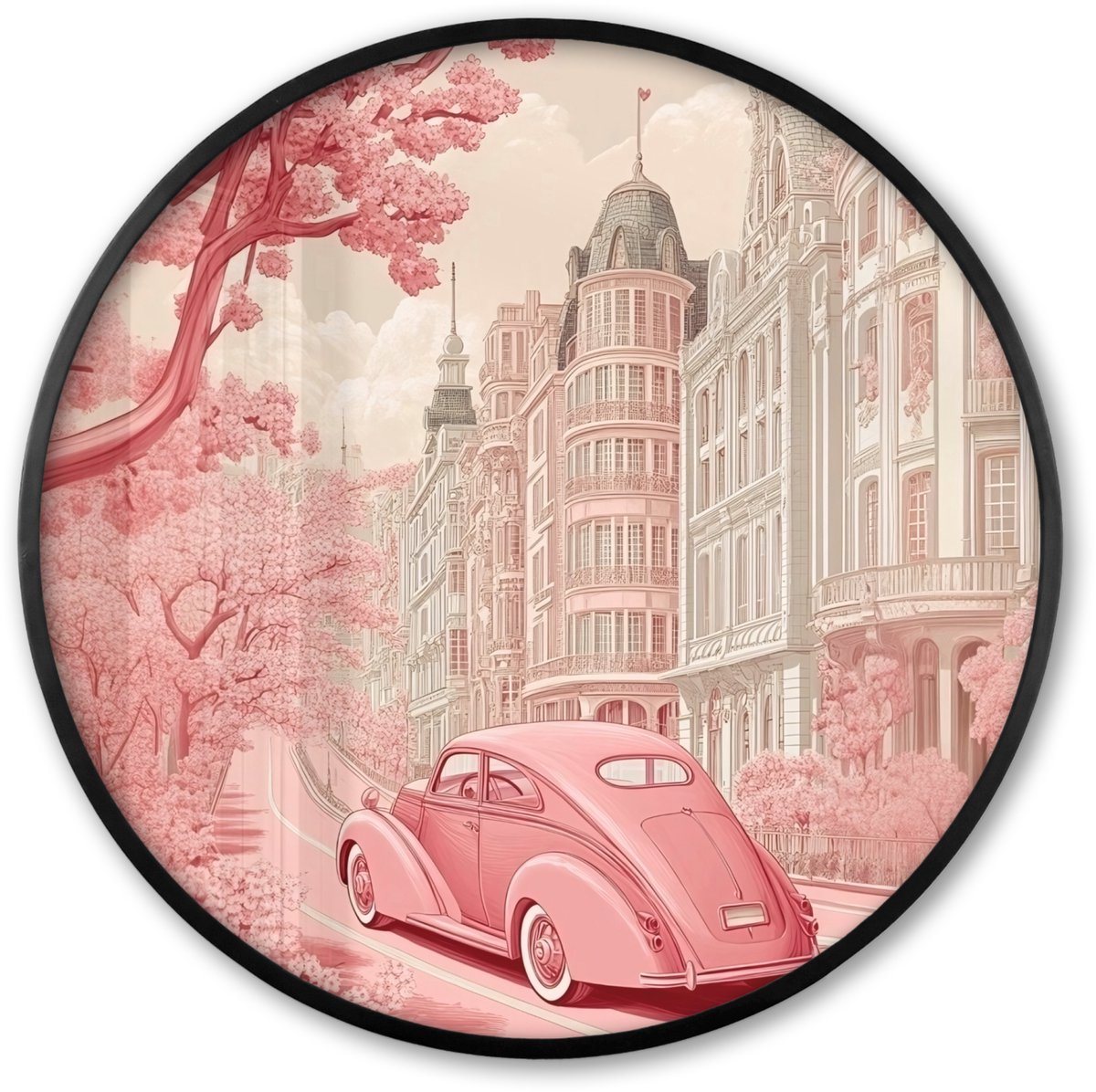 FrameYourWall Poster in lijst Rond - Fotolijst 60x60 cm - Posters - City - Car - Pink - Ronde posterlijst zwart - Decoratie - Wanddecoratie woonkamer - Muurdecoratie slaapkamer Auto - Stad