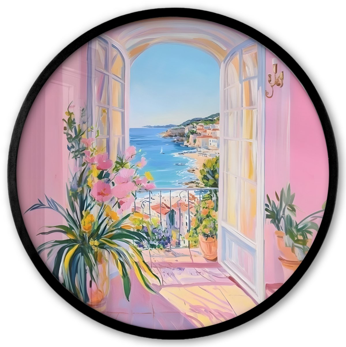 FrameYourWall Poster in lijst Rond - Fotolijst 40x40 cm - Posters - Roze - Buiten - Verf - Ronde posterlijst zwart - Decoratie - Wanddecoratie woonkamer - Muurdecoratie slaapkamer Strand - Balkon