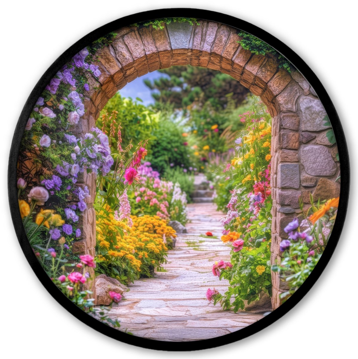FrameYourWall Poster in lijst Rond - Fotolijst 40x40 cm - Posters - Doorkijk - Bloemen - Pad - Natuur - Ronde posterlijst zwart - Decoratie - Wanddecoratie woonkamer - Muurdecoratie slaapkamer Poort - Bloementuin