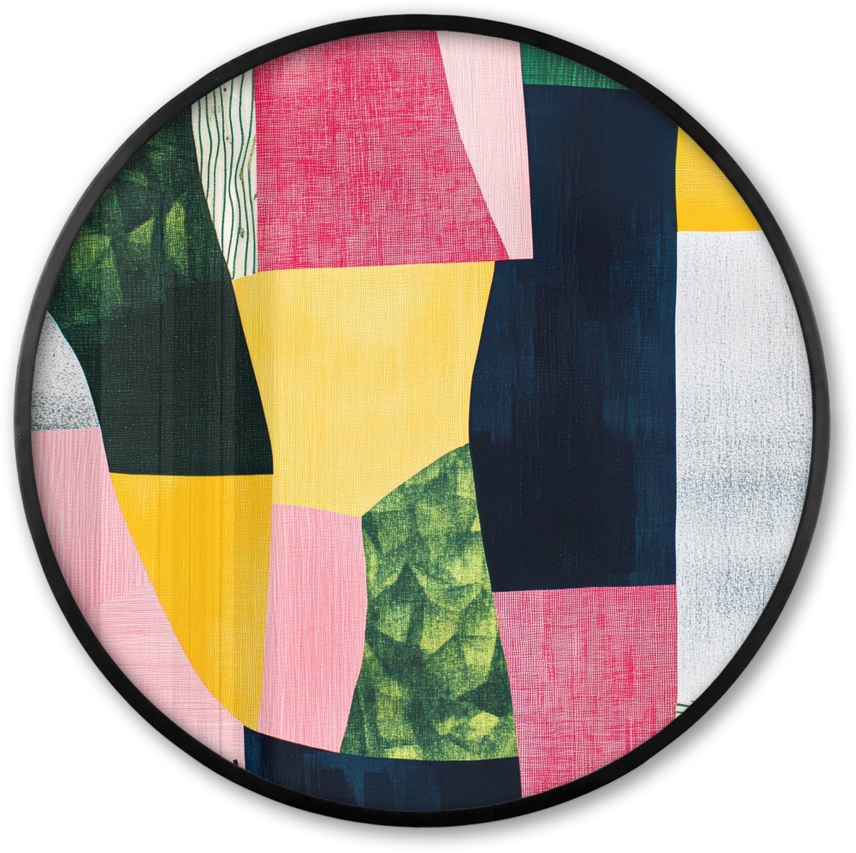 FrameYourWall Poster in lijst Rond - Fotolijst 80x80 cm - Posters - Abstract - Roze - Lappen - Vormen - Geel - Ronde posterlijst zwart - Decoratie - Wanddecoratie woonkamer - Muurdecoratie slaapkamer