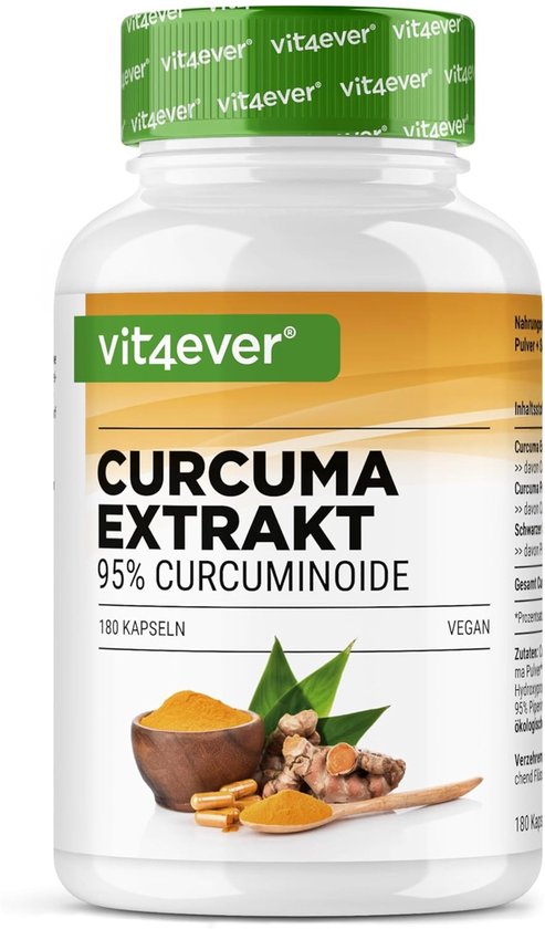 Vit4ever curcuma extract met 95% curcuminoïden. Een pot met 180 capsules, met een afbeelding van kurkumawortel.