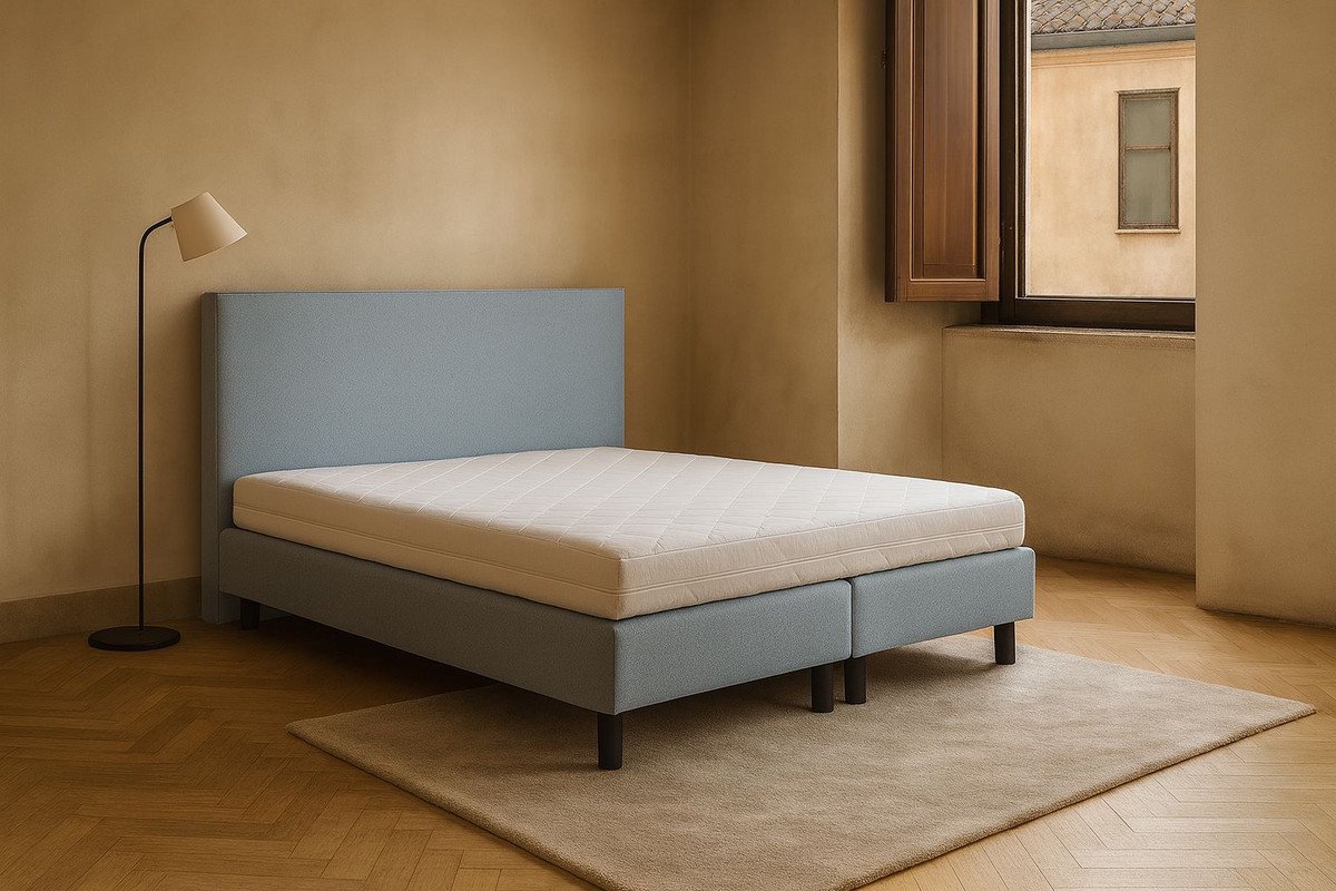 Boxspring Vendita vlak 190x210 cm Luxe Pocketvering Stof lichtblauw Gratis 2x Hoofdkussens