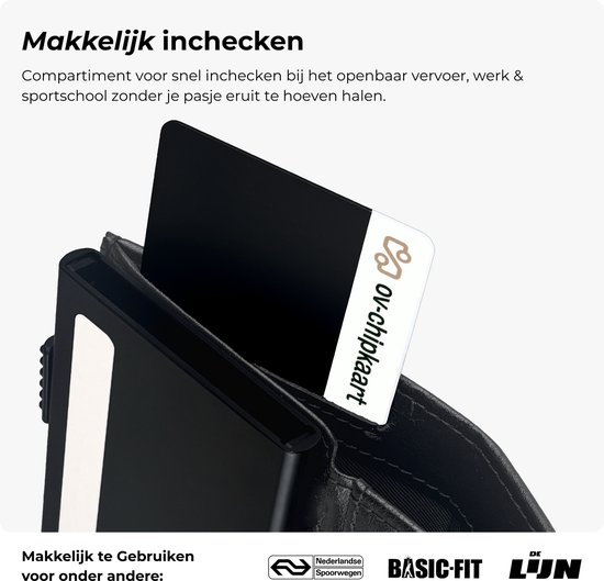Zwarte pasjeshouder, waarbij een kaart met 'ov-chipkaart' logo naar buiten wordt geschoven.