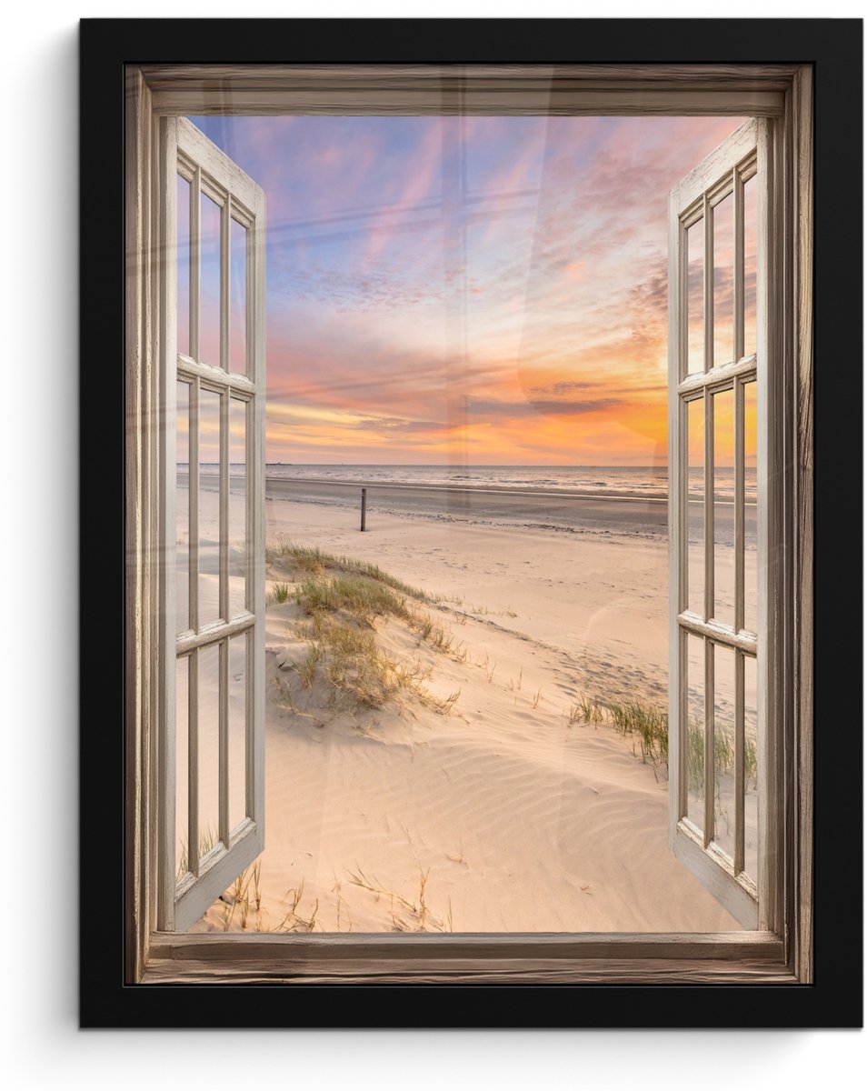 FrameYourWall Poster in lijst - Fotolijst 30x40 cm - Posters - Doorkijk - Strand - Duinen - Natuur - Landschap - Posterlijst zwart - Decoratie - Wanddecoratie woonkamer - Muurdecoratie slaapkamer Zonsondergang - Strand