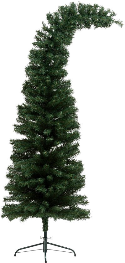 Groene kunstkerstboom met een gebogen stam, 180 cm hoog.