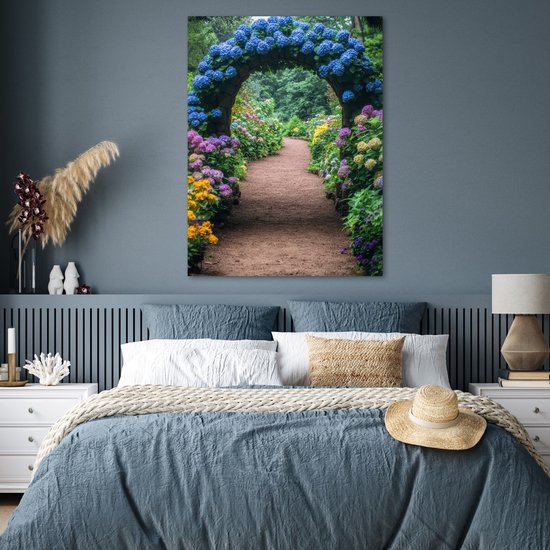 Poster 90x120 cm - Doorkijk - Bloemen - Hortensia - Pad - Posters - Kamer decoratie - Wanddecoratie woonkamer - Muurdecoratie slaapkamer