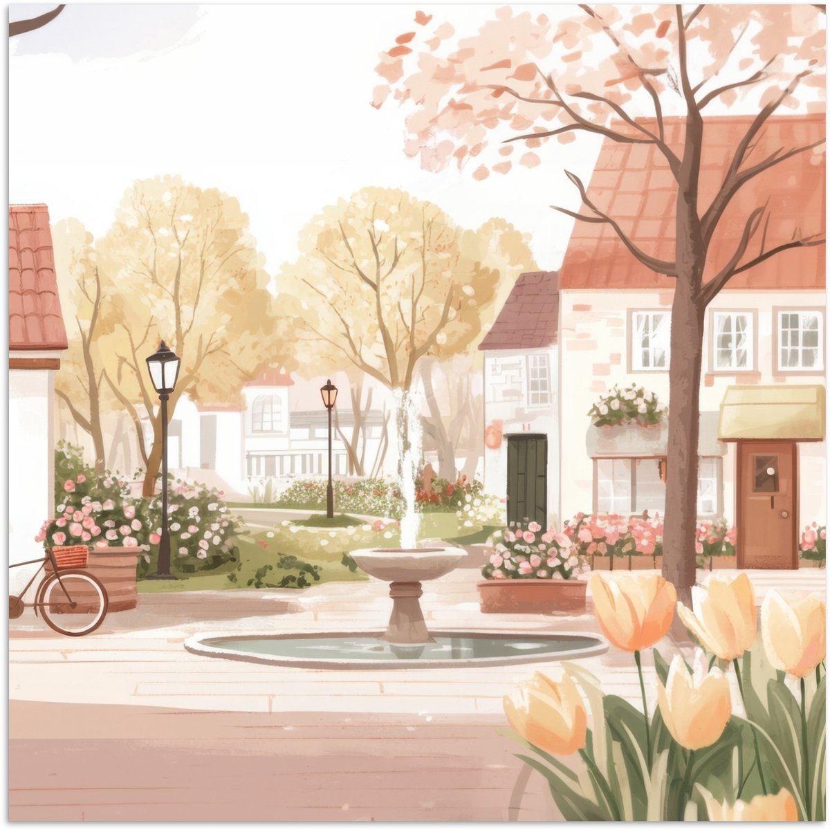 Poster 100x100 cm - Dorpsplein - Fontein - Tulpen - Posters - Kamer decoratie - Wanddecora