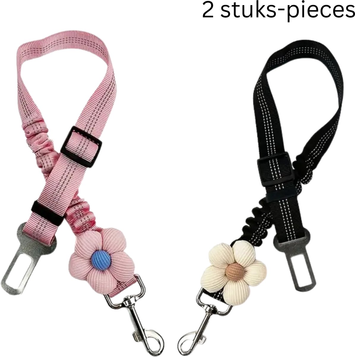 FA-VE Autogordel Hond Set – 2 Stuks (Roze & Zwart) – Verstelbare Veiligheidsriemen voor Hond Auto – Schokabsorberend & Sterk – 58-79 cm
