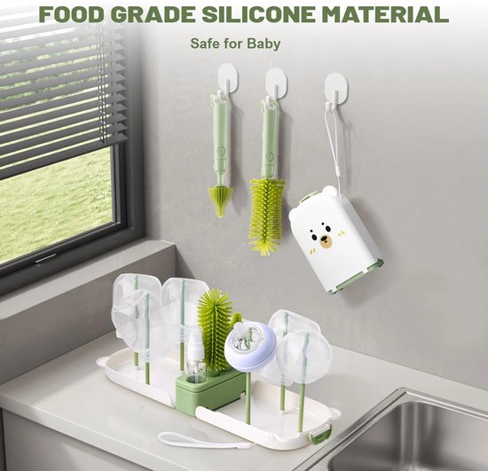 Draagbare Flessenborstel Set - Flessenreiniger - BPA vrij - Siliconen - Inclusief Flessenborste - Speenborstel - Rietjesborstel - Flesspeenborstel - Afdruiprek- Zeepdispenser - Opbergdoos - Wit/Groen — afbeelding 4