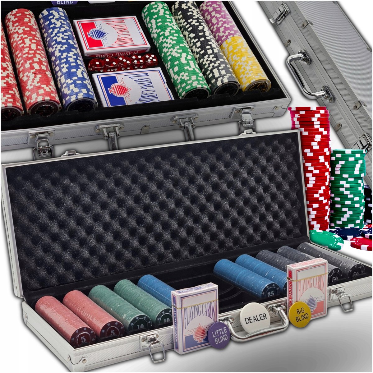 Poker Set Klassiek 500 Chips, 2 Kaartspellen, Dobbelstenen, Aluminium Koffer