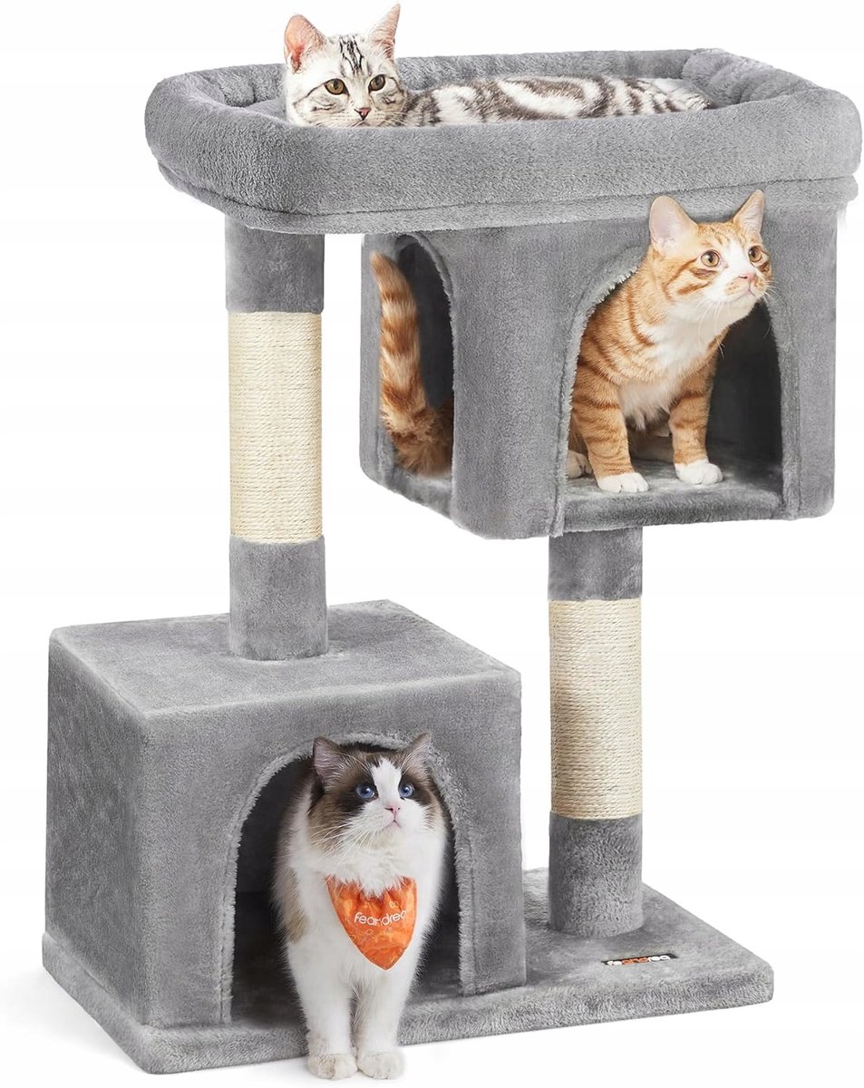 Kattenkrabpaal met 2 kattenhuisjes, comfortabel en laag, lichtgrijs