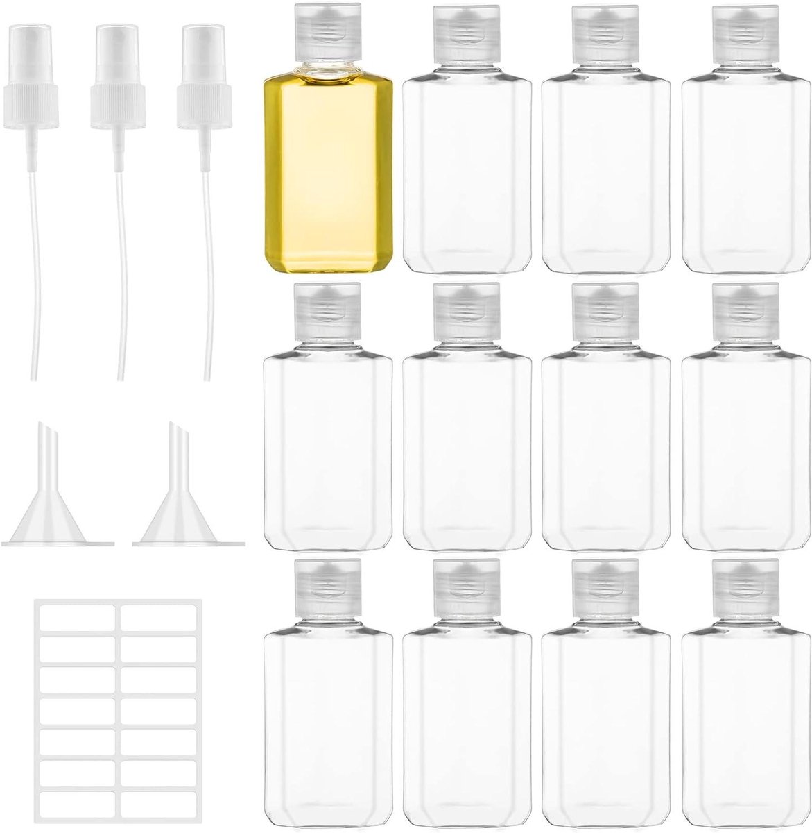 Image of 12-delige set reisflessen - 60 ml plastic flessen met flip cap, transparante cosmetische containers voor shampoo, conditioner, lotion - inclusief sprinkler, trechter en label