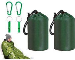 2 stuks Noodfluit-Waterdichte warme overlevingsdeken-Licht en draagbaar-noodpakket - Survival Slaapzakset - 210*90cm - met fluitje en karabijnhaak - Draagbare geïsoleerde overlevingszak - Survivalslaapzak - voor kamperen, wandelen, buiten - Groen