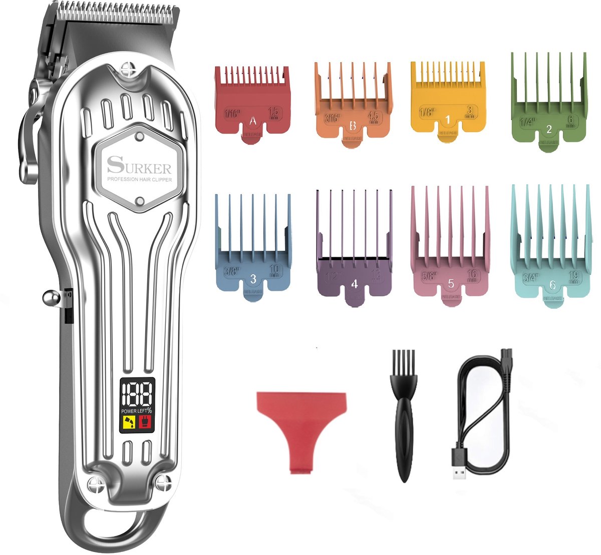 Surker Professionele Heren Tondeuse en Baardtrimmer – Draadloos LCD Display – Zilver