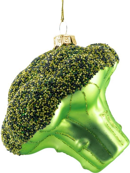 Bouclette de Noël verte brillante en forme de tige de brocoli, décorée de petites perles vertes et noires.