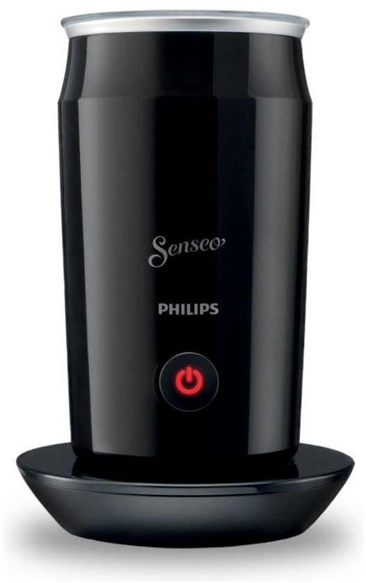Zwarte Senseo Philips melkopschuimer met rode aan/uit-knop, op schotel.