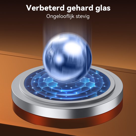Zilveren ring met honigraatpatroon waarop een glanzende metalen bal rust, symbool voor verbeterd gehard glas.
