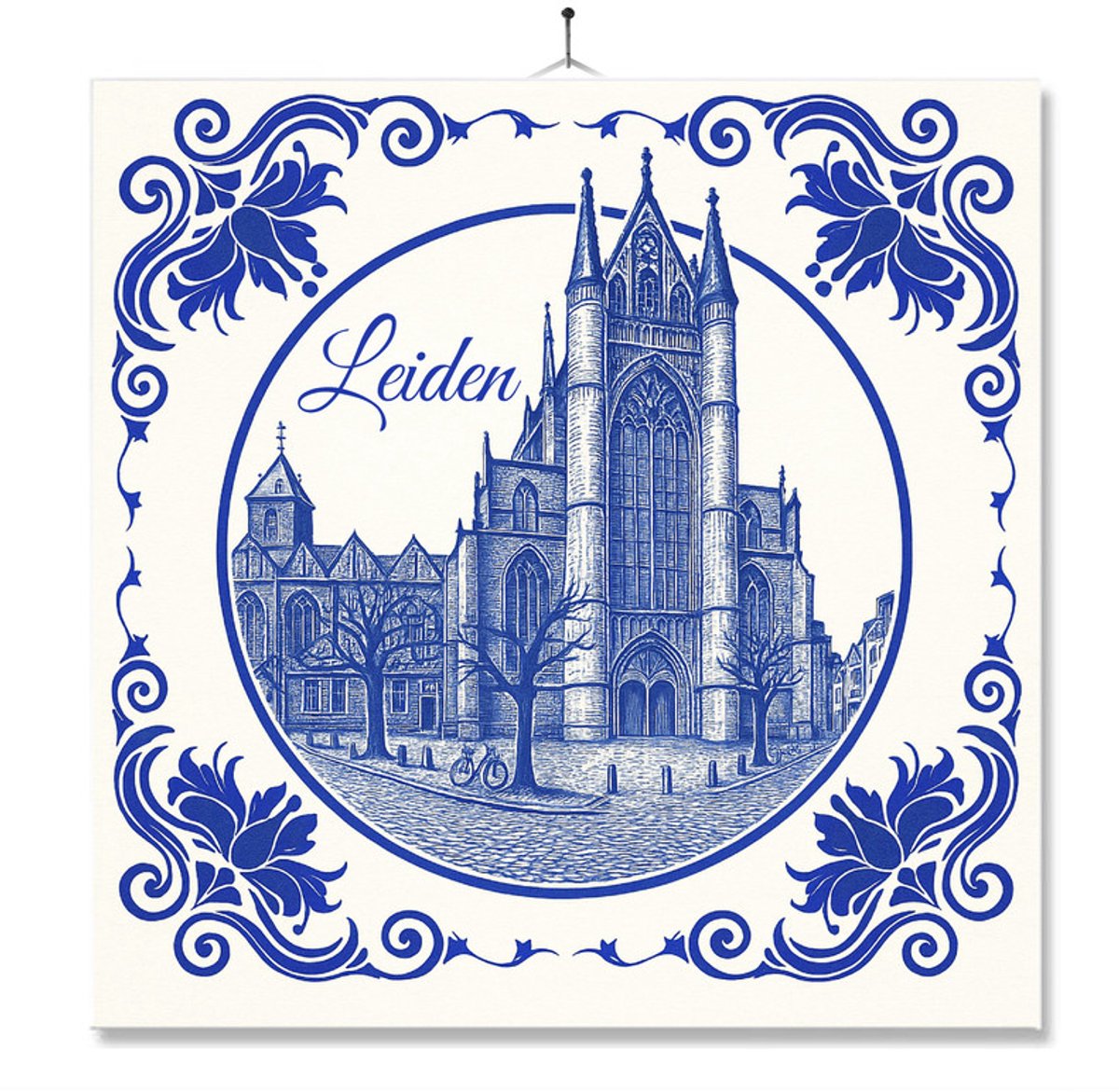 Tegel Met Opdruk | Leiden | Delft Blauw | Cadeau | Inclusief Geschenkdoos | Standaard | Ophangsysteem