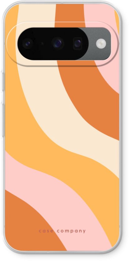 Doorzichtig hoesje met een golvend patroon in oranje, geel, crème en roze tinten.