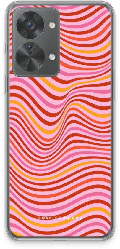 Transparant telefoonhoesje met roze, rode en oranje golvende lijnen patroon.