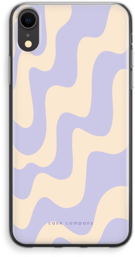 Transparant iPhone XR hoesje met lichtpaarse en crèmekleurige golvende lijnen.