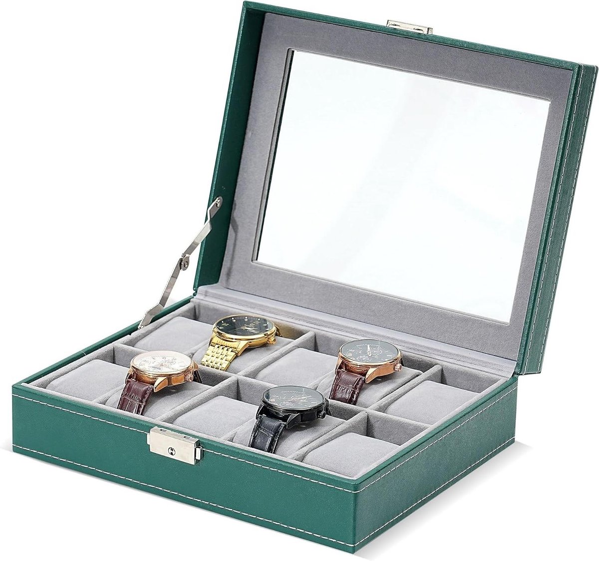 Allecto plus - Groene horlogebox voor 10 horloges met glazen display - Organizer met afneembare kussens