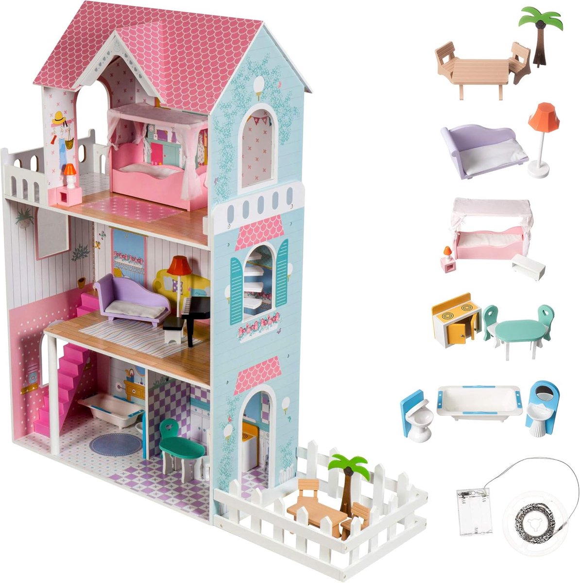 Houten XXL Poppenhuis met Terras en LED-Verlichting - Schattig Speelhuis voor Kinderen