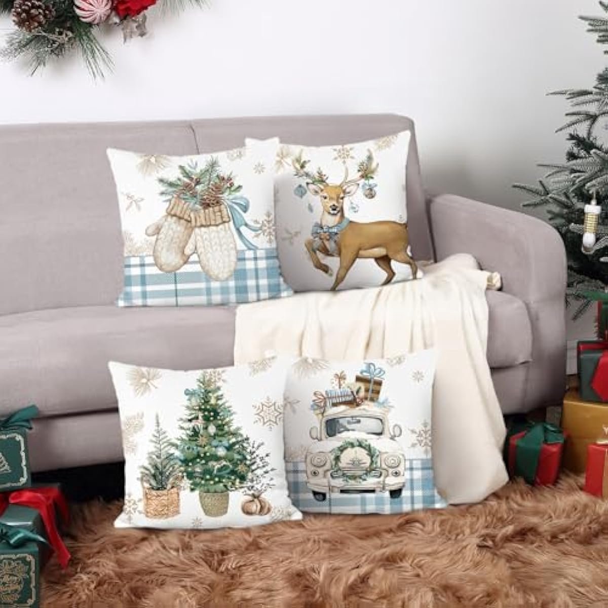 4x Kerst Sierkussenslopen 45x45 cm Fluweel Winter Decoratie Rendier en Sneeuwvlokken – foto 3