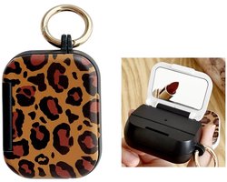 Telestore - Hoesje geschikte voor AirPods Pro 3 - TPU hybride hoesje Beschermhoes - hoesje met spiegel AirPods Pro 3 Cover - AirPods Pro 3 Hoesje - Geschikt voor Apple Airpods Pro 3 - panter luipaard - hard cover met make up spiegel - sleutelhanger