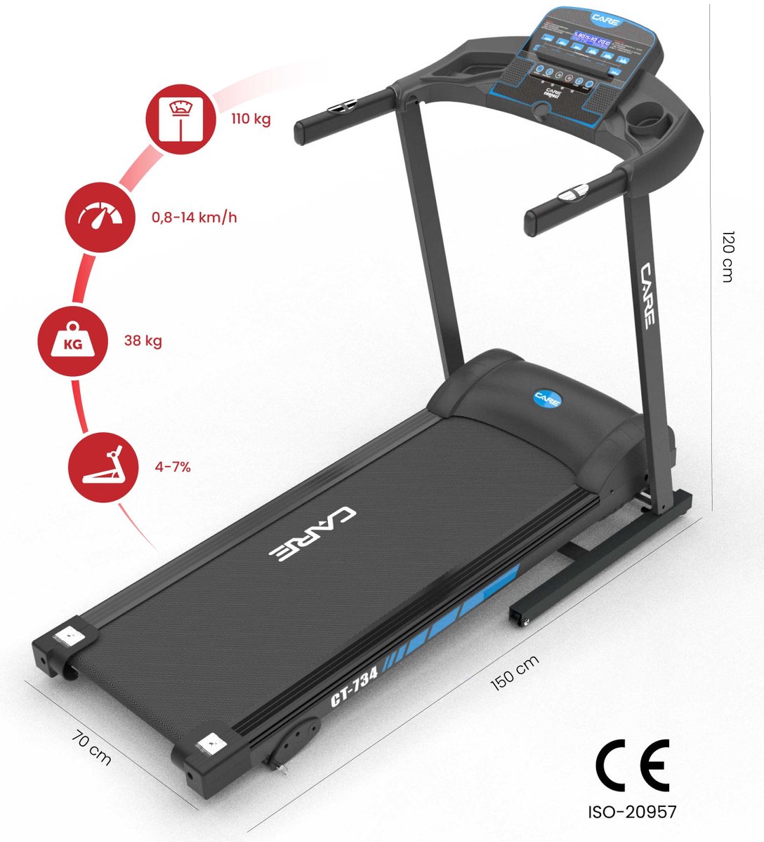 CARE CT-734-2 - Connected en opvouwbare loopband - Maximale snelheid 14 km/u - 12 programma’s - Handmatige helling met 3 niveaus - Voor thuisgebruik - Blauw thumbnail 2