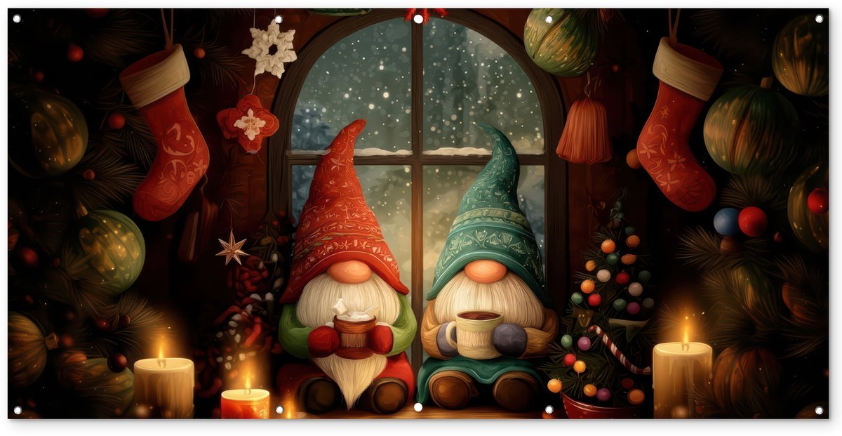 Kleurrijke kerst tuinposter met gnooms, 200x100 cm, voor buiten decoratie.