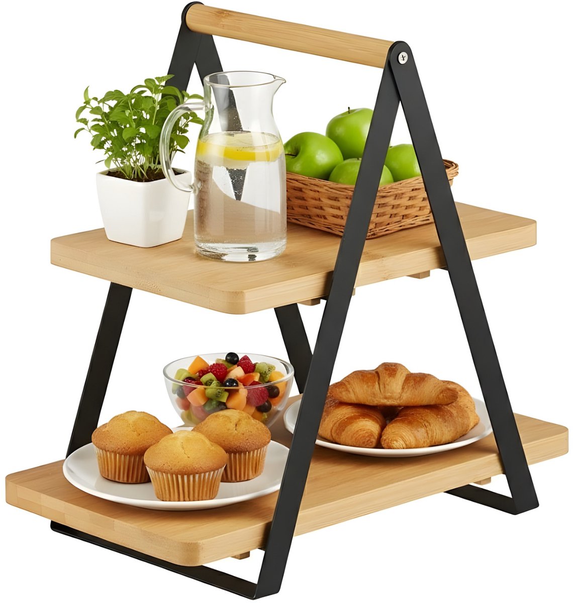 Lomera Bamboe Etagere - 2-Laags - Serveertoren - Inklapbaar - Bamboe En Metaal - Eenvoudig Op Te Bergen - Niet Vaatwasserbestendig - Stijlvolle Presentatie - Hapjes Serveren - Duurzame Materialen - Lichtgewicht Ontwerp