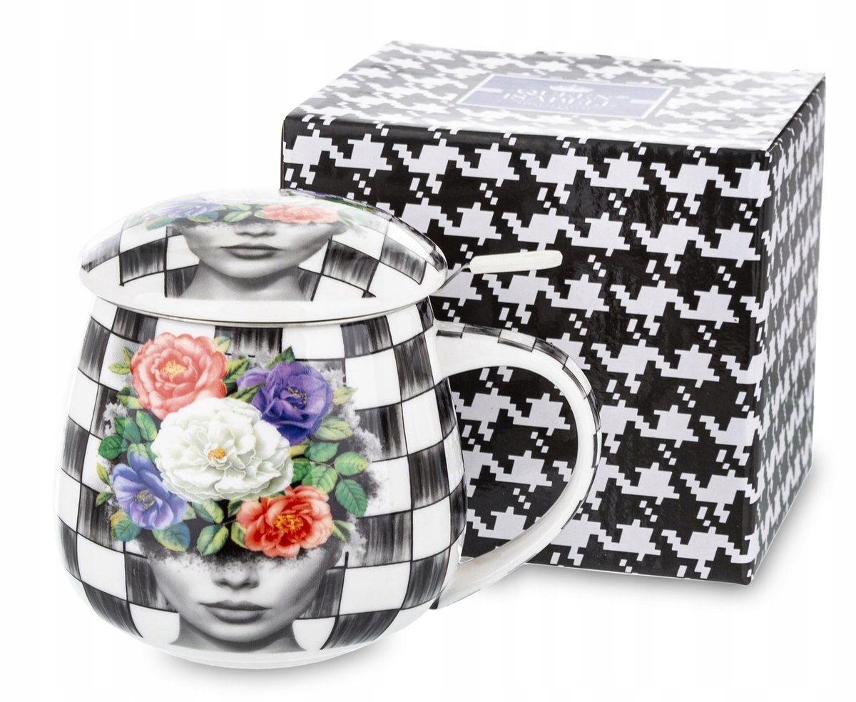 Elegante Mok met Zeef - Bone China, Bloemendesign, 400ml