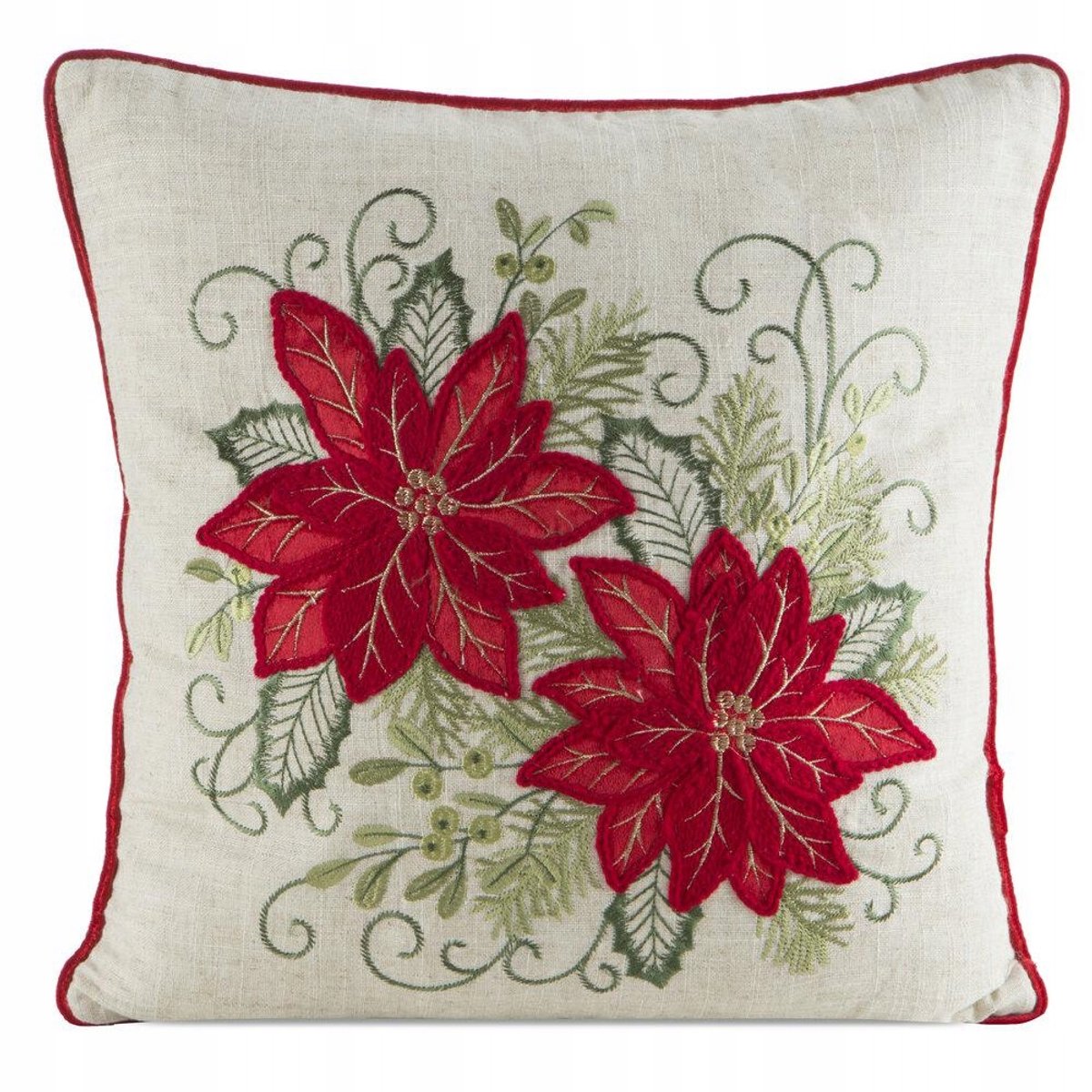 Decoratieve kerstkussenhoes 45x45 cm - Bloemmotief, Beige/Rood