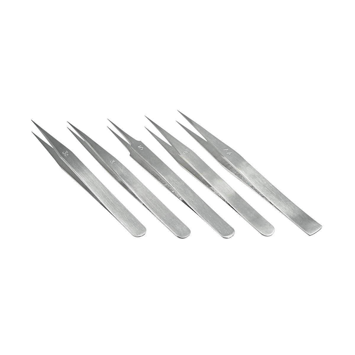 Pincetset - 5-delig - antimagnetisch, roestvrij, gehard, fijn geslepen staal - ca. 11,5 - 12,5 cm lang