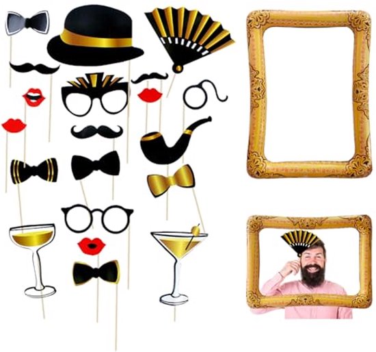 21 Stuks Fotobooth Accessoires voor Verjaardag en Bruiloft - Grappige Fotoprops en Opblaasbare Lijsten voor Feesten