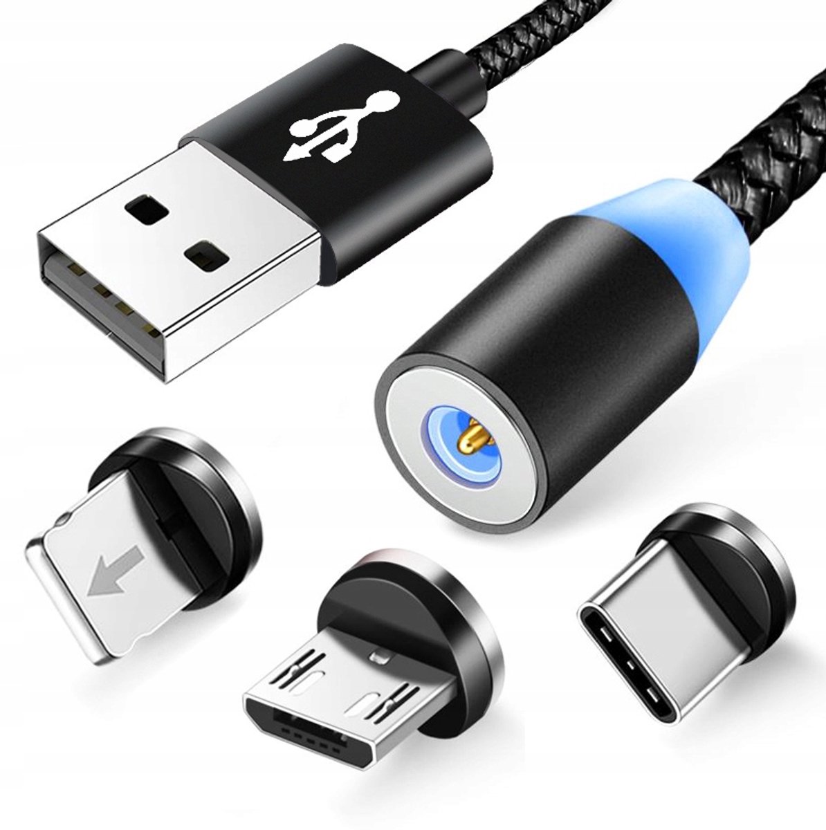 Magnetische 3-in-1 USB-kabel: USB-C, Micro USB, Lightning