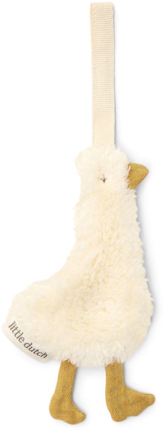 Baby met beige slaapzak en wit speendoekje met ganzenprint, met fopspeen.