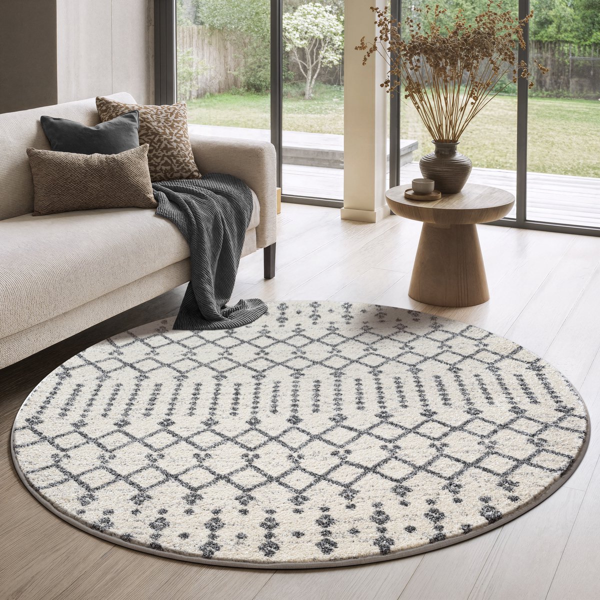 Muratap Boho Rond Nomade Laagpolig Vloerkleed Crème- 200 CM Ø Creme