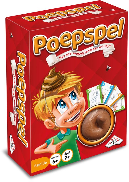 Een rood speldoosje met de tekst 'Poepspel'. Een jongen met een grote lach kijkt door een vergrootglas naar een drol. Er zijn vliegen zichtbaar.
