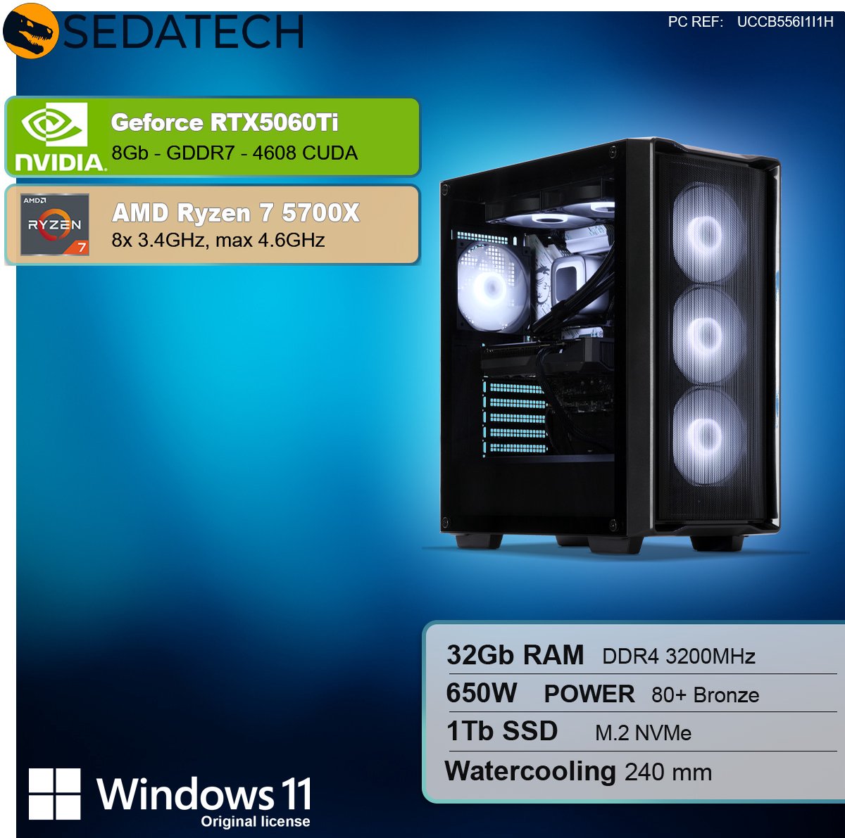 Sedatech Advanced Gaming PC Waterkoeling Compact • AMD Ryzen 7 5700X 8x 3.4GHz • Geforce RTX5060Ti • 32Gb RAM • 1Tb SSD M.2 • WiFi • Windows 11 • Desktop computer thumbnail 6
