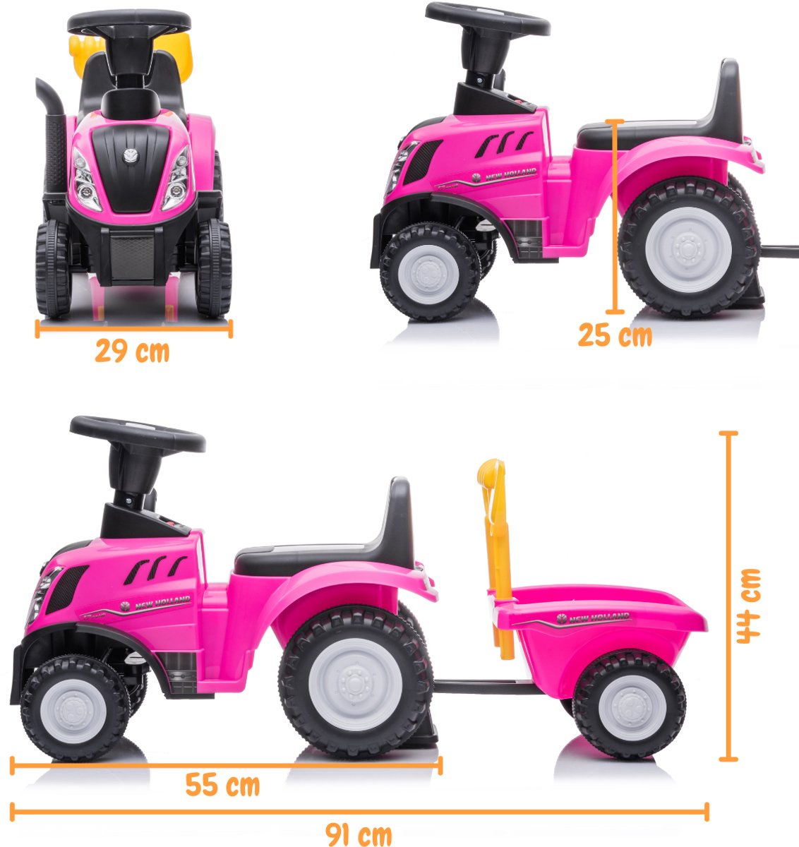 New Holland Loopauto Tractor 1 tot 3 jaar – Officieel Gelicentieerde Speelgoed Tractor met Aanhanger, Koplampen & Toeter – Buitenspeelgoed Peuter met Hark, Schep & Opbergbox – Roze — afbeelding 6