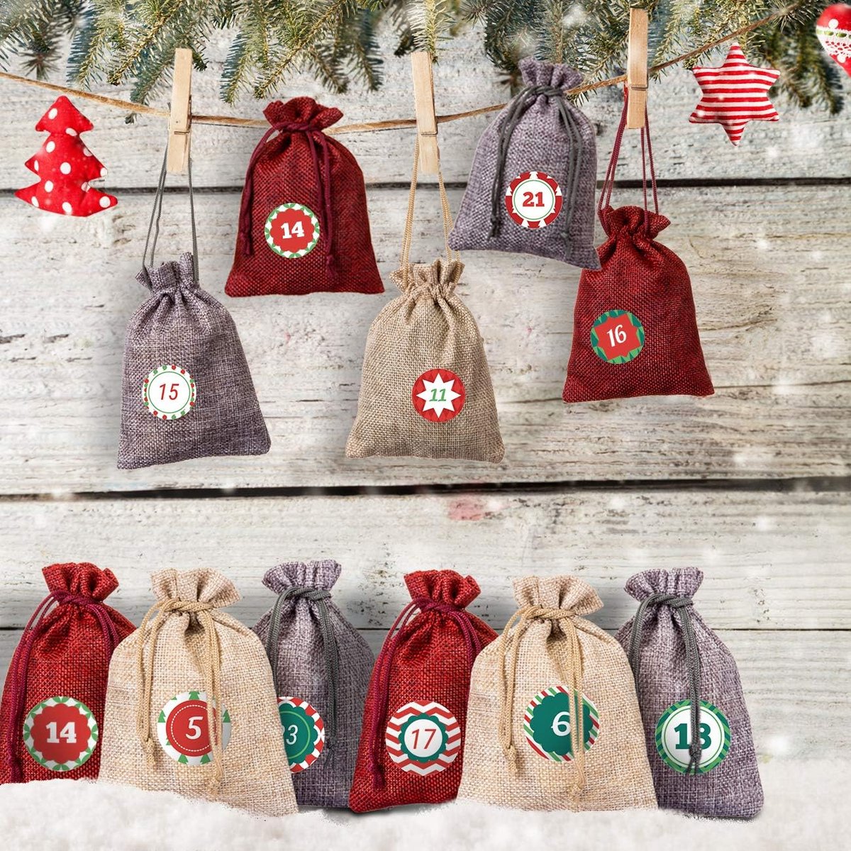 24 Rood Jute Zakjes – Stoffen Adventskalender & Geschenkzakjes | Natuurlijke Cadeauzakjes 10x14 cm
