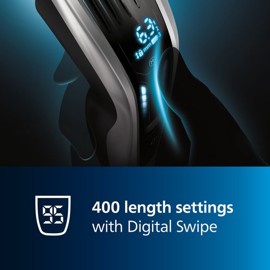 Close-up van Philips tondeuse display met 6.3 mm en "400 length settings with Digital Swipe".