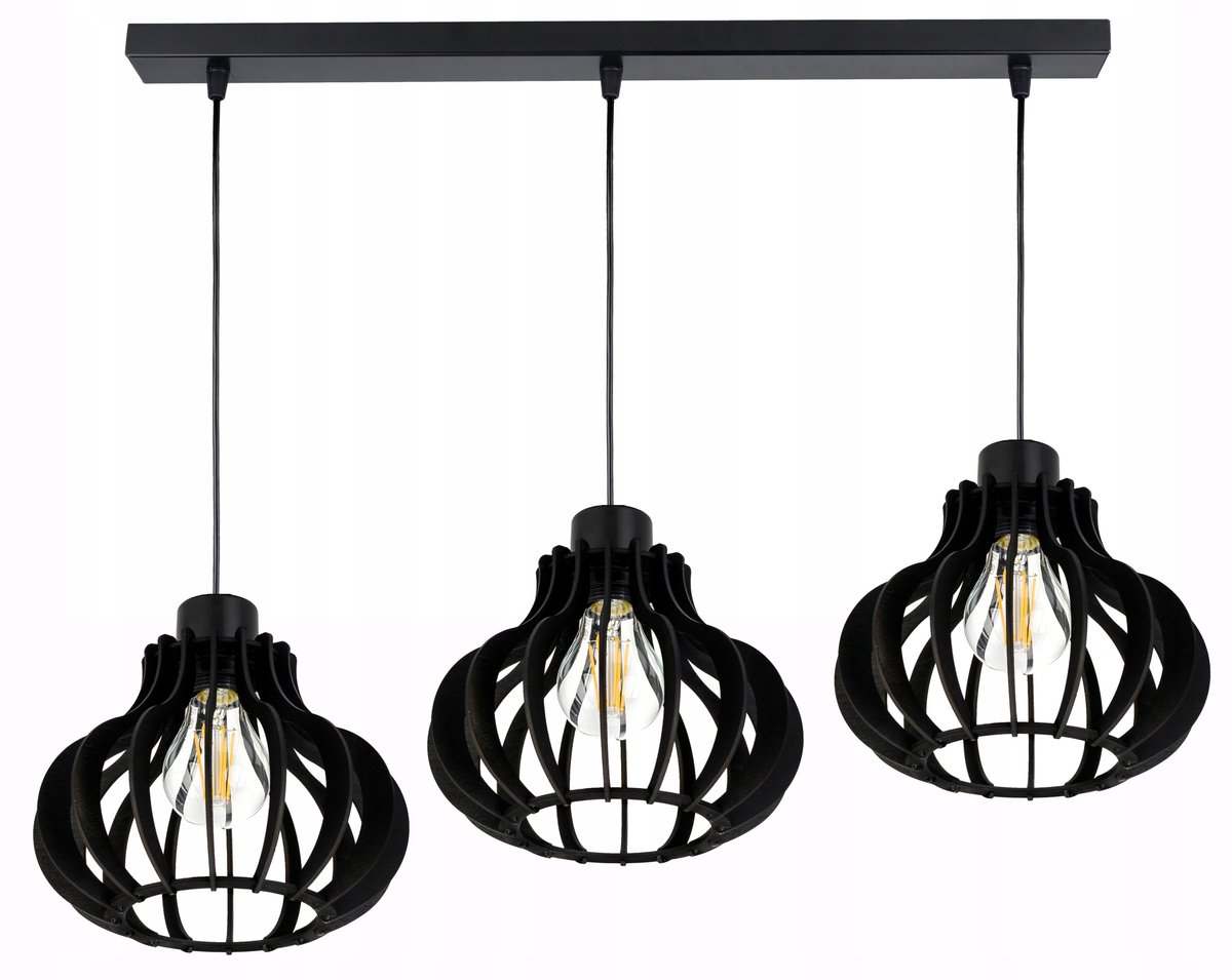 Zwarte Loft Hanglamp met Hout, 3x E27 Fitting, Verstelbaar