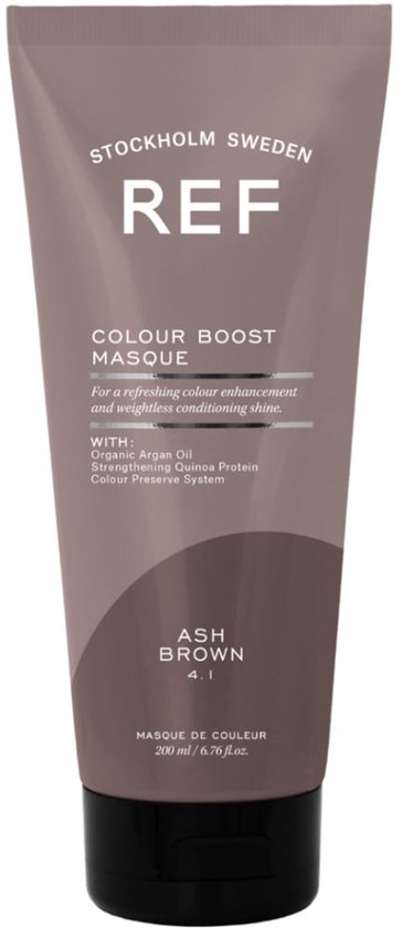 Een flacon REF Colour Boost Masque Ash Brown, met tekst over organische arganolie en quinoa proteïne.
