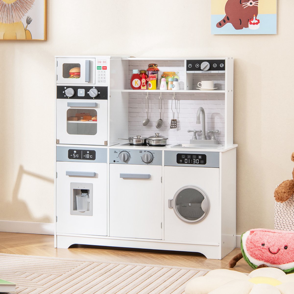 COSTWAY Houten kinderkeuken met wasmachine, gootsteen, waterdispenser, magnetron, oven, gebruiksvoorwerpen, speelkeuken met licht en geluid, voor kinderen vanaf 3 jaar — afbeelding 8