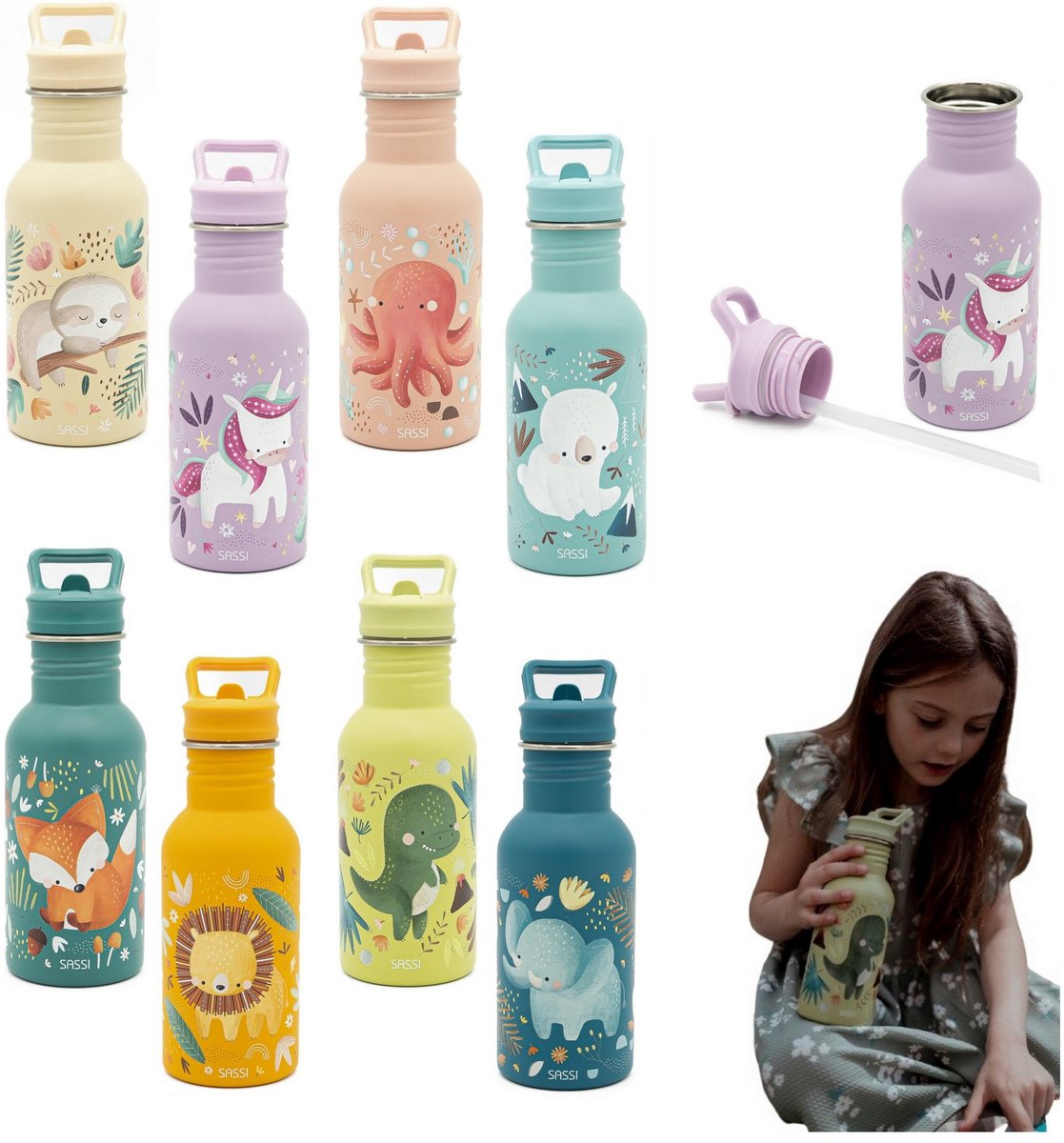 Sassi Kinderdrinkfles 500 ml RVS met rietje - Diverse patronen