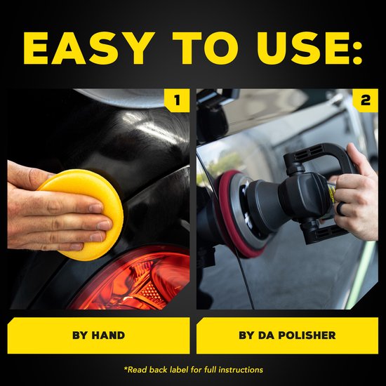 Auto poetsen met spons en polijstmachine. Tekst 'Easy to use: By hand, By DA polisher'.
