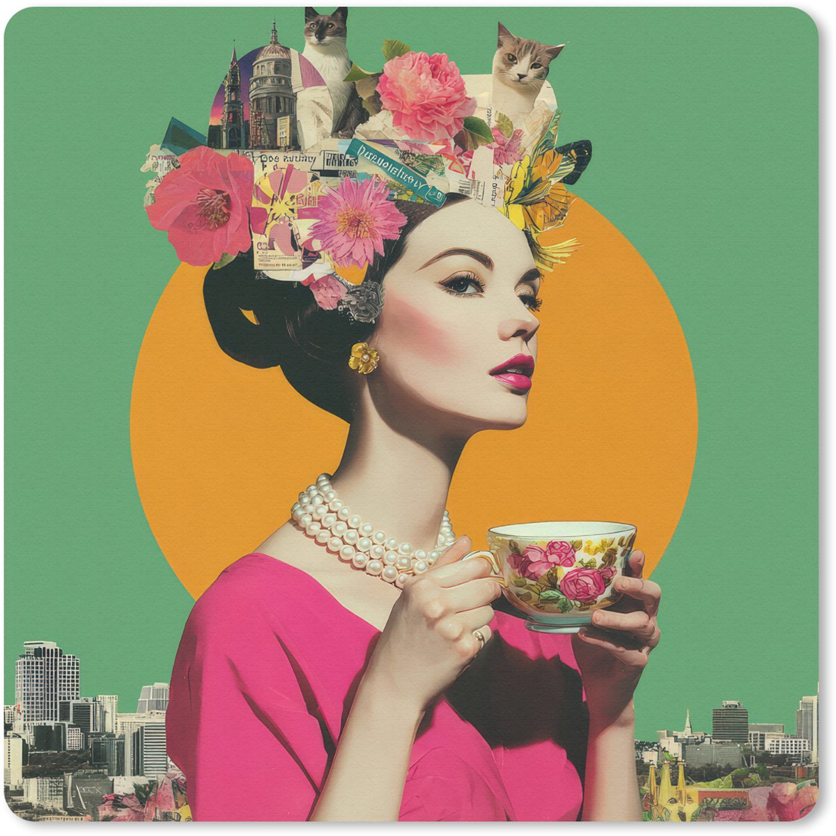 Muismat 30x30 cm - Mousepad Retro - Vrouw - Stad - Zon - Muismatten
